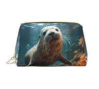 Borsa per il trucco da donna con cucciolo di sigillo in acqua, grande capacità, borsa da viaggio in pelle PU con cerniera, organizer portatile e aperto