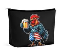 Borsa per il trucco da donna con gallina che tiene una birra e bandiera americana, astuccio da viaggio per articoli da toilette, borse per riporre oggetti in bagno.