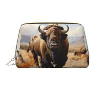 Borsa per il trucco da donna con gregge di bisonti nordamericani, grande capacità, borsa da viaggio in pelle PU con cerniera, organizer portatile e aperto