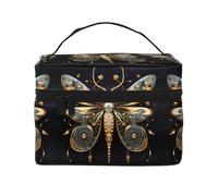 Borsa per il trucco da donna con libellula dorata e delicata su sfondo nero, grande capacità, borsa da viaggio portatile (22,9 x 16,5 x 15,7 cm) borsa per trucco per ragazze grande