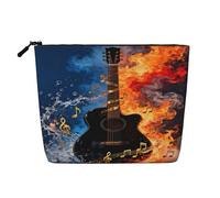 Borsa per il trucco da donna con motivo chitarra e fuoco, portatile, ideale per i viaggi, con cerniera e organizer.