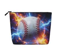 Borsa per il trucco da donna con motivo fulmini e fiamme da baseball, borsa da toilette portatile da viaggio con cerniera, organizer