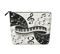 Borsa per il trucco da donna con note musicali in bianco e nero, modello pianoforte, portatile, da viaggio, con cerniera e organizer.