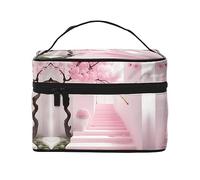 Borsa per il trucco da donna con scala in fiore di ciliegio rosa, grande capacità, borsa da viaggio portatile per trucchi (22,9 x 16,5 x 15,7 cm) borsa per trucco per ragazze grande