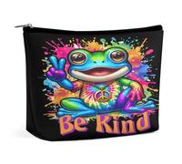 Borsa per il trucco da donna con simbolo della pace e rana colorata, borsa da viaggio in pelle PU resistente all'acqua con cerniera