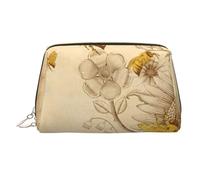 Borsa per il trucco da donna con stampa di api e fiori selvatici rurali in pelle portatile borsa da viaggio con cerniera dorata borse cosmetiche organizer, Api Miele Rurale Fiori di Selvaggio, One