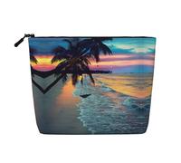 Borsa per il trucco da donna, con stampa di cocco e tramonto sulla spiaggia, borsa per cosmetici portatile, organizer da viaggio capiente, Nero , Taglia unica