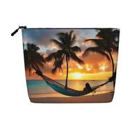 Borsa per il trucco da donna, con stampa di cocco e tramonto sulla spiaggia, borsa per cosmetici portatile, organizer da viaggio capiente, Nero , Taglia unica
