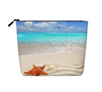 Borsa per il trucco da donna, con stampa di stelle marine, oceano e spiaggia, borsa per cosmetici portatile, capiente organizer da viaggio per trucchi, Nero , Taglia unica