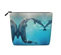 Borsa per il trucco da donna, con stampa invernale del delfino, borsa per cosmetici portatile, borsa da toeletta, capiente organizer da viaggio per trucchi, Nero , Taglia unica
