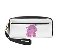 Borsa per il trucco da donna con stampa ippopotamo viola in stile cartone animato, impermeabile, per scuola, ufficio, viaggi, articoli da toeletta