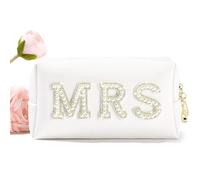 Borsa per il trucco da sposa Borsa cosmetica in pelle PU Beauty Bag Pearl Strass Lettera Patch Bling Regali Sposa Cerniera Borsa Viaggio Orga, Mrs, Taglia unica
