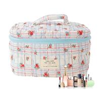 Borsa per il trucco da viaggio, 25 cm, con motivo floreale trapuntato, organizer portatile per cosmetici, custodia morbida, resistente, per casa, hotel, campeggio, per toilette, blue check