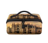Borsa per il trucco da viaggio a tema Europa con paesaggi cittadini, portatile, impermeabile, aperta e piatta, per articoli da toeletta e cosmetici, organizer da viaggio per donne e uomini