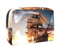 Borsa per il trucco da viaggio,borsa da toilette da viaggio per donna,Barca a vela dell'oceano di alba del mare,borsa da viaggio per cosmetici