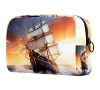 Borsa per il trucco da viaggio,borsa da toilette da viaggio per donna,Barca a vela dell'oceano di alba del mare,borsa da viaggio per cosmetici