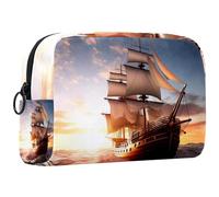 Borsa per il trucco da viaggio,borsa da toilette da viaggio per donna,Barca a vela dell'oceano di alba del mare,borsa da viaggio per cosmetici