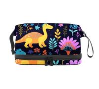 Borsa per il trucco da viaggio,borsa da toilette da viaggio per donna,dinosauro del fumetto fiore colorato,borsa da viaggio per cosmetici