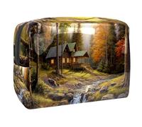 Borsa per il trucco da viaggio,borsa da toilette da viaggio per donna,Fiume della montagna della casa della foresta,borsa da viaggio per cosmetici