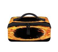 Borsa per il trucco da viaggio con lettera O nel fuoco, portatile, con simboli delle lettere, impermeabile, aperta e piatta, per articoli da toeletta e cosmetici, organizer da viaggio per donne e