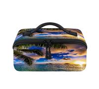 Borsa per il trucco da viaggio con palma dell'alba delle Hawaii, portatile, impermeabile, aperta e piatta, per articoli da toeletta cosmetici, organizer da viaggio per donne e uomini