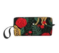 Borsa per il trucco da viaggio con stampa del sistema solare, custodia per trucco semplice portatile con cerniera per donne, Wildlife Panther profumando rosa rossa, One Size, Astuccio per trucchi
