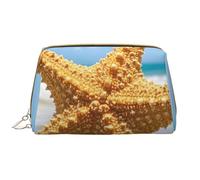 Borsa per il trucco da viaggio con stampa di stelle marine, oceano e spiaggia, grande capacità, da donna, impermeabile, borsa portatile, borsa per il trucco aperta e piatta.