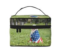 Borsa per il trucco da viaggio con tramonto invernale, borsa per cosmetici resistente all'acqua, borsa pieghevole per articoli da toeletta regalo per insegnanti, Bandiera degli Stati Uniti con cane,
