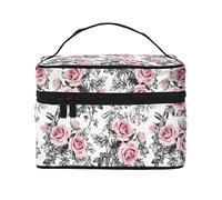 Borsa per il trucco da viaggio con tramonto invernale, borsa per cosmetici resistente all'acqua, borsa pieghevole per articoli da toeletta regalo per insegnanti, Rosa Floreale Acquerello Bianco,