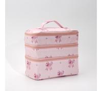 Borsa per il trucco da viaggio in stile millennio, borsa portatile a tre strati con scomparto indipendente per trucchi e chiusura con cerniera di grande capacità per bellezza e articoli da toeletta