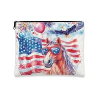 Borsa per il trucco del 4 luglio con cavallo, 17,8 x 22,9 cm, per borsa da viaggio, borsa cosmetica per anniversario americano da donna, per il giorno dell'indipendenza, portatile, in tela, con