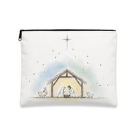 Borsa per il trucco del presepe, borsa da viaggio artistica minimalista per donne, organizer portatile in tela con cerniera, borsa da toilette natalizia per le vacanze, bianco, 7x9 Inch, Presepe