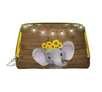 Borsa per il trucco della mucca da latte,Grande sacchetto cosmetico in pelle portatile,Borsa organizer da viaggio impermeabile per articoli da toeletta, Pavimento in legno di elefante di girasole,