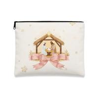 Borsa per il trucco della natività, elegante astuccio da viaggio natalizio per donne, organizer portatile in tela con cerniera, borsa da toilette per la cura della pelle delle vacanze, Crema, 7x9 Inch