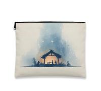 Borsa per il trucco della natività natalizia, borsa da viaggio rustica per donne, organizer portatile in tela con cerniera, borsa da toilette per la cura della pelle delle vacanze, Beige, 7x9 Inch