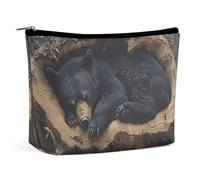 Borsa per il trucco di grande capacità a forma di orso nero nel buco dell'albero, borsa da viaggio in pelle per articoli da toeletta, per donne e uomini, borsa cosmetica portatile con cerniera