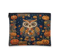 Borsa per il trucco di Halloween a tema zucca con gufo autunn, Navy, 7x9 | Jack-o'-lantern zucche, astuccio con cerniera per trucco, foglie autunnali, texture trapuntata, tema bosco