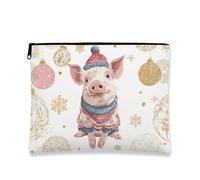 Borsa per il trucco festiva, borsa da viaggio per cosmetici, con simpatico maialino, da donna, piccola borsa portatile in tela con cerniera, borsa da toilette per le vacanze, bianco, 7x9 Inch, Maiali