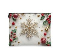 Borsa per il trucco festiva, elegante borsa da viaggio per cosmetici natalizia con fiocco di neve per donne, piccola borsa portatile in tela con cerniera, borsa da toilette per le vacanze, bianco, 7x9