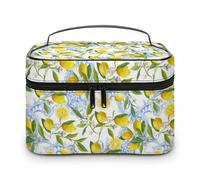 Borsa per il trucco floreale bianca con limoni e frutta gialla, per donna, borsa cosmetica da viaggio, grande, impermeabile, per la cura della pelle, con manico, organizer per cosmetici, scatola per
