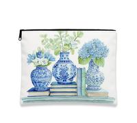 Borsa per il trucco floreale blu, organizer da viaggio per cosmetici in porcellana cinese vintage per donne, piccola borsa portatile in tela con cerniera, borsa per la cura della pelle regalo per