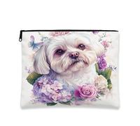Borsa per il trucco floreale, borsa per cosmetici con ritratto di cane bianco per donne, organizer portatile in tela con cerniera, borsa da toilette primaverile per la cura della pelle, 17,8 x 23