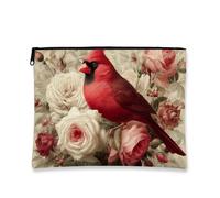 Borsa per il trucco floreale cardinale, vintage rose rosse e uccellini, borsa da viaggio per donne, piccola borsa portatile in tela con cerniera, regalo per festival di primavera, borsa da toilette