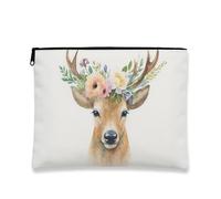 Borsa per il trucco floreale, cervo con fiori, astuccio da viaggio vintage per donne, piccola borsa portatile in tela con cerniera, borsa da toeletta per festival, bianco, 7x9 Inch, Cervo