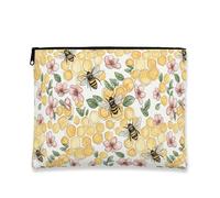 Borsa per il trucco floreale con ape, borsa da viaggio vintage a nido d'ape gialla per donne, organizer portatile in tela con cerniera, borsa da toilette primaverile per la cura della pelle, Giallo
