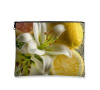 Borsa per il trucco floreale con limone, astuccio per cosmetici con motivo a giglio bianco per donne, organizer portatile in tela con cerniera, custodia da viaggio per articoli da toeletta per la cura