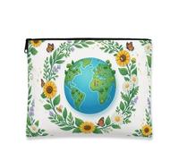 Borsa per il trucco floreale con pianeta verde, borsa da viaggio per donne, organizer portatile in tela con cerniera, borsa ecologica per la cura della pelle, bianco, 7x9 Inch, Terra