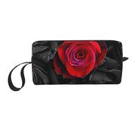 Borsa per il trucco floreale con rosa rossa, resistente all'acqua, organizer da viaggio per donne e uomini, romantico, con cerniera, piccola borsa per attrezzi portatile