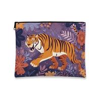 Borsa per il trucco floreale con tigre, borsa da viaggio per cosmetici botanici viola vintage per donne, organizer portatile in tela con cerniera, borsa da toilette primaverile per la cura della pelle