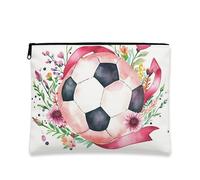 Borsa per il trucco floreale da calcio, borsa da viaggio per cosmetici da donna, organizer portatile in tela con cerniera, elementi essenziali per sport primaverili, bianco, 7x9 Inch